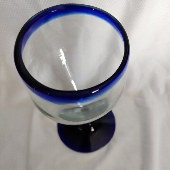 Hand Blown Wine Glass - Cobalt Blue Rim & Base - Picture 3 of 8